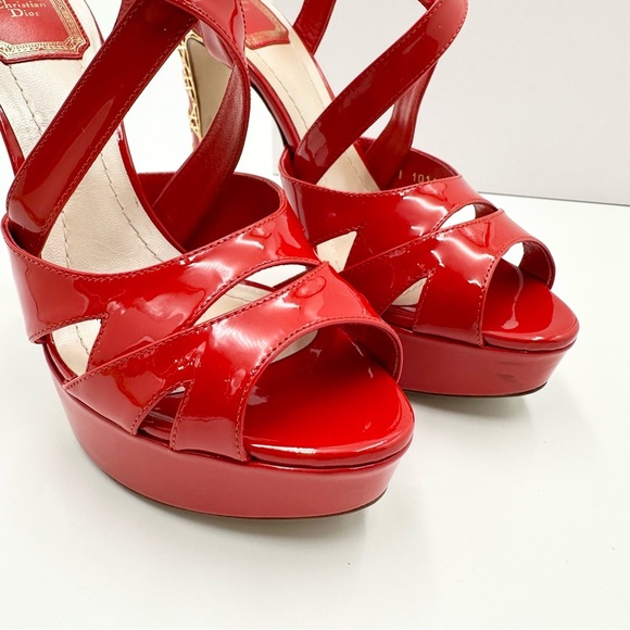 Dior Metal Cannage Strappy Peep Toe Heels Red Patent Leather - Picture 5 of 16